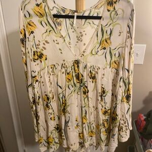 Free People Cream Floral Blouse with Yellow Accents